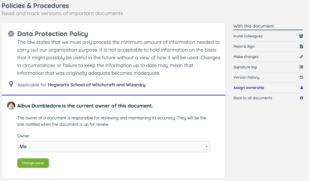 How can I assign an owner to a Policies & Procedures Document?